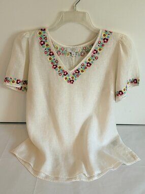 Charter Club Luxury 100% Linen White Embroidered Floral V-Neck Blouse Top L